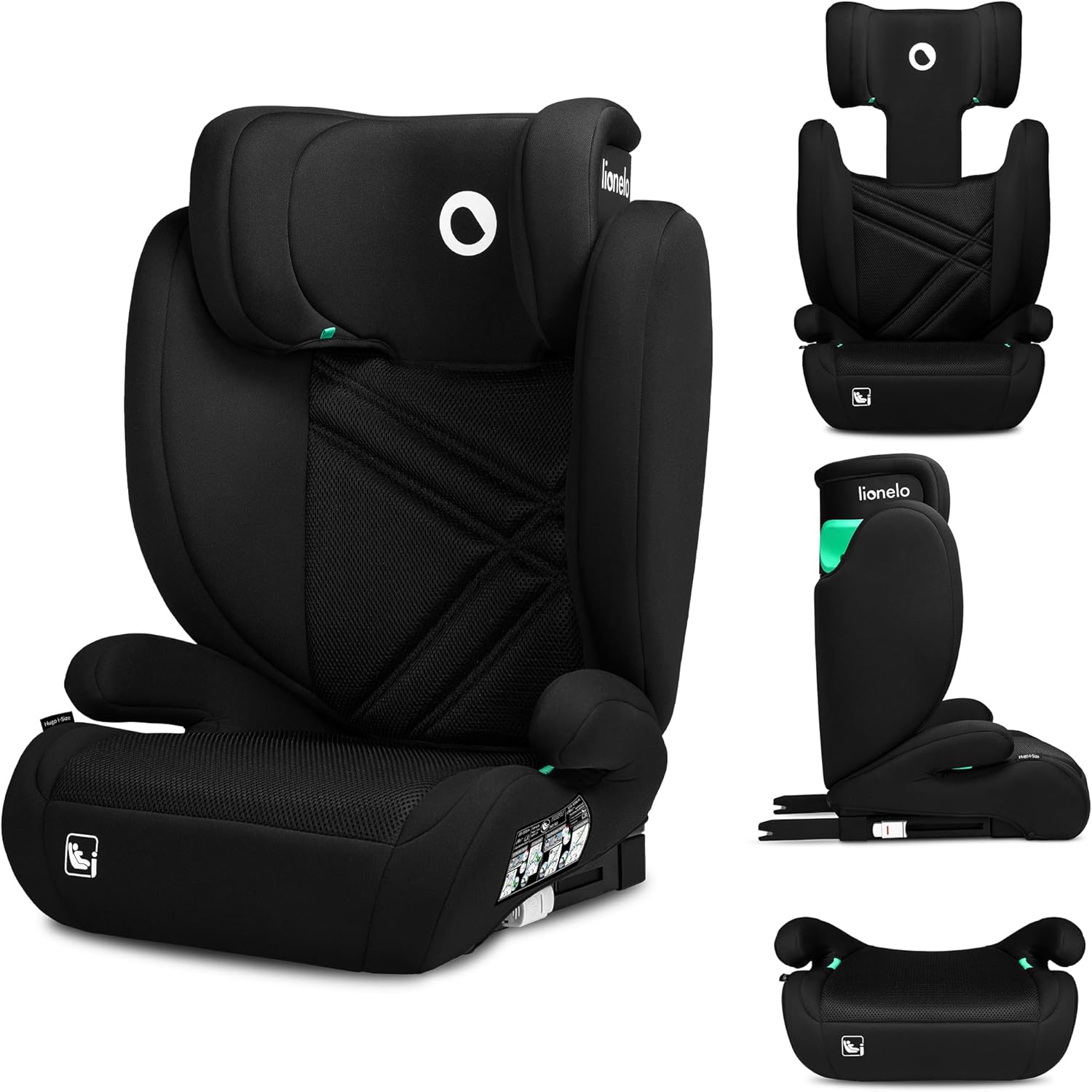 Lionelo Hugo i-Size Rehausseur voiture enfant 100–150 cm – ISOFIX, appui-tête réglable, protection latérale